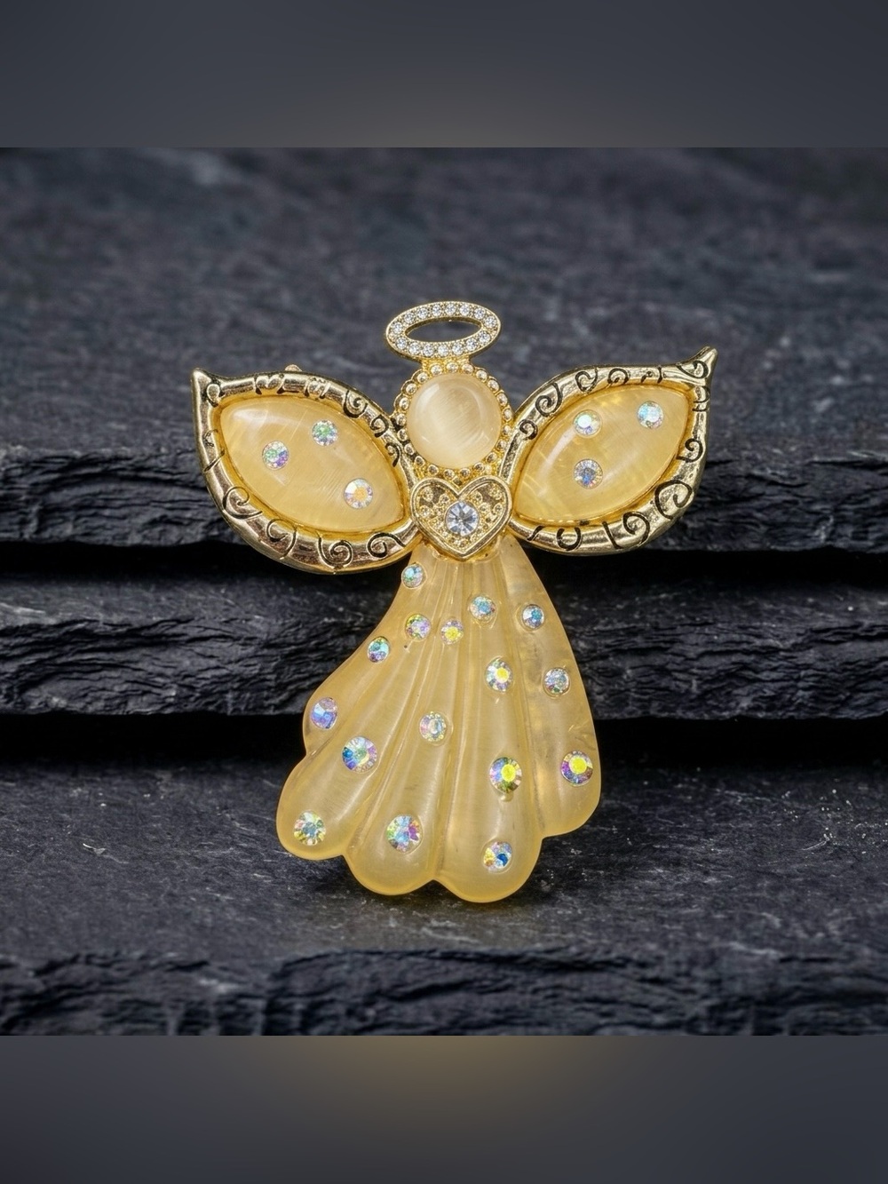Vintage 90s Kenneth Cole Yellow Lucite AB Rhinestone Gold Tone Angel Brooch Pin